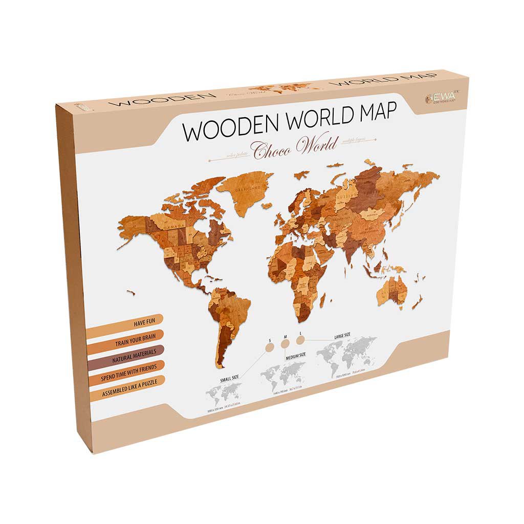 Kunst-Wandpuzzle aus Holz, Weltkarte, Farbe: Schokoladenwelt, Öko-Holzkunst, Größe L, 2727