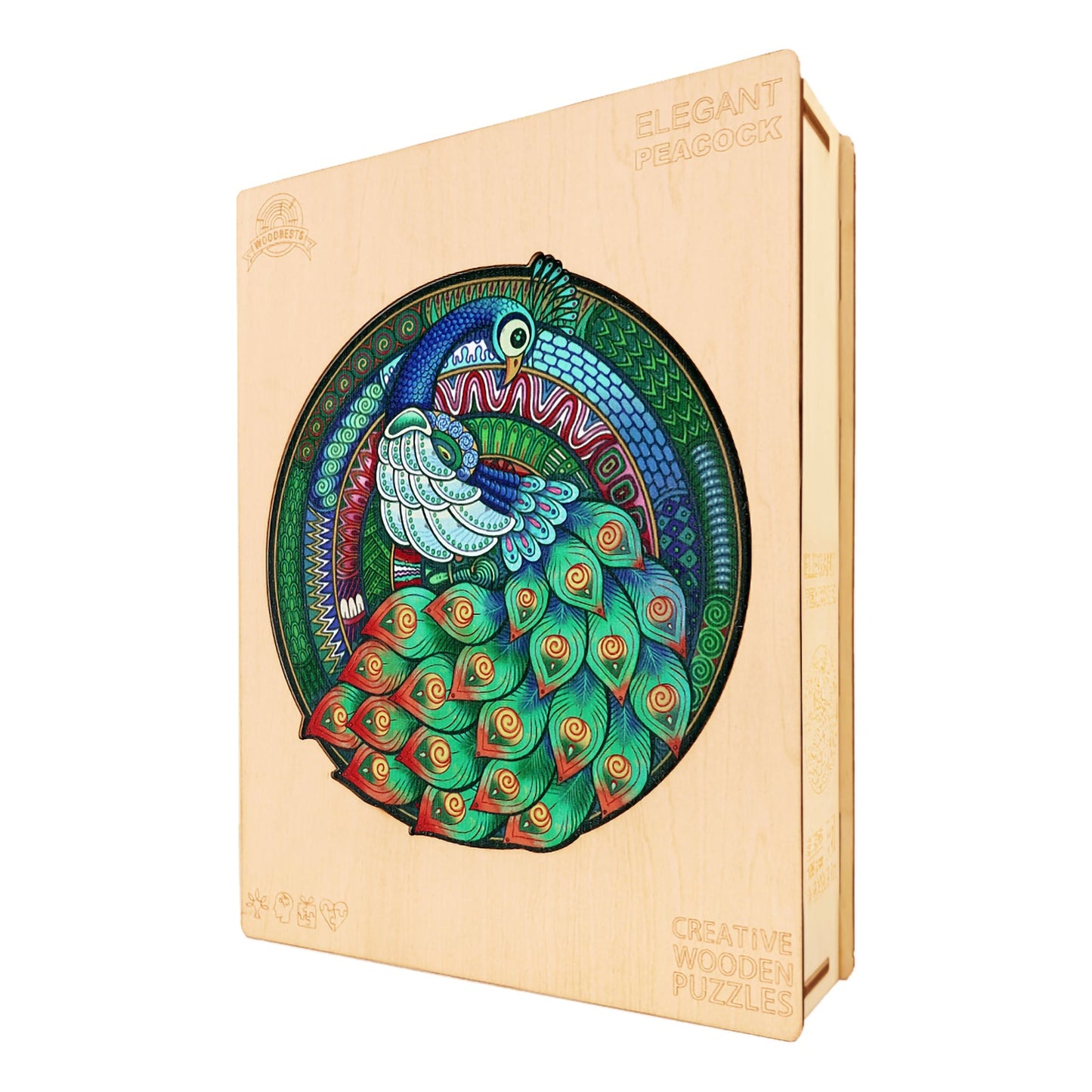 Eleganter Pfau - Holzpuzzle Box