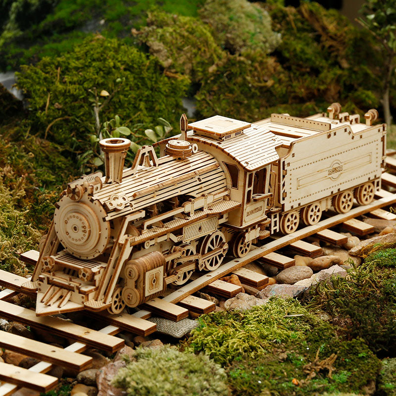 Dampf-Lokomotive - 3D Holzpuzzle mit Hintergrund