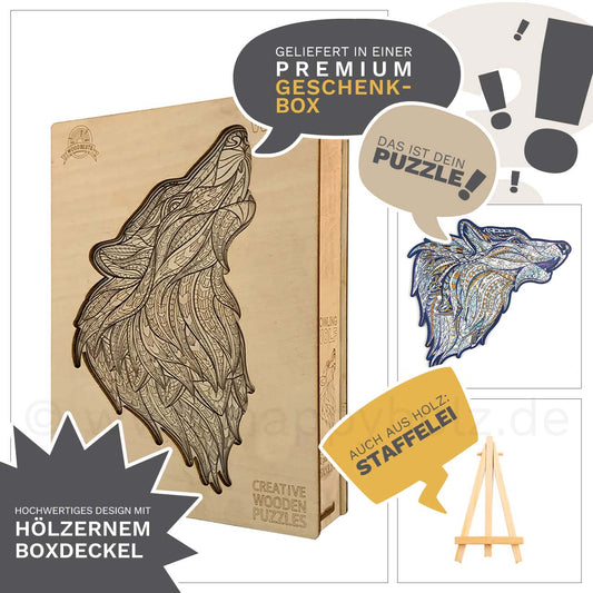Heulender Wolf (blau) - Holzpuzzle