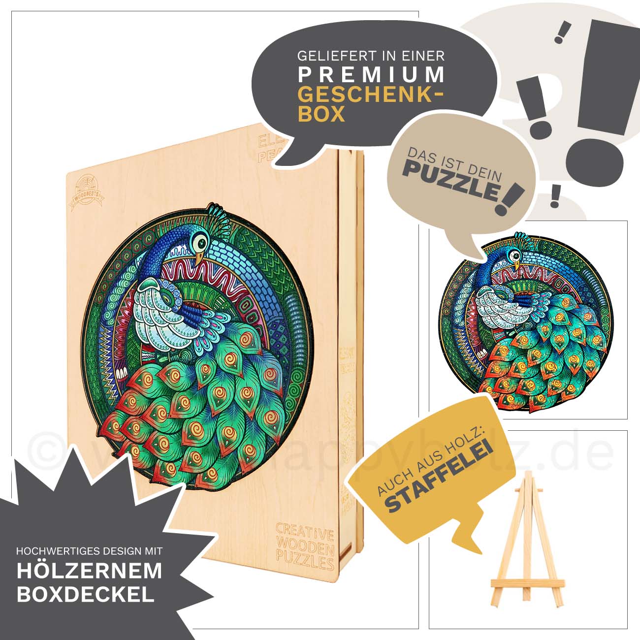 Eleganter Pfau - Holzpuzzle Set