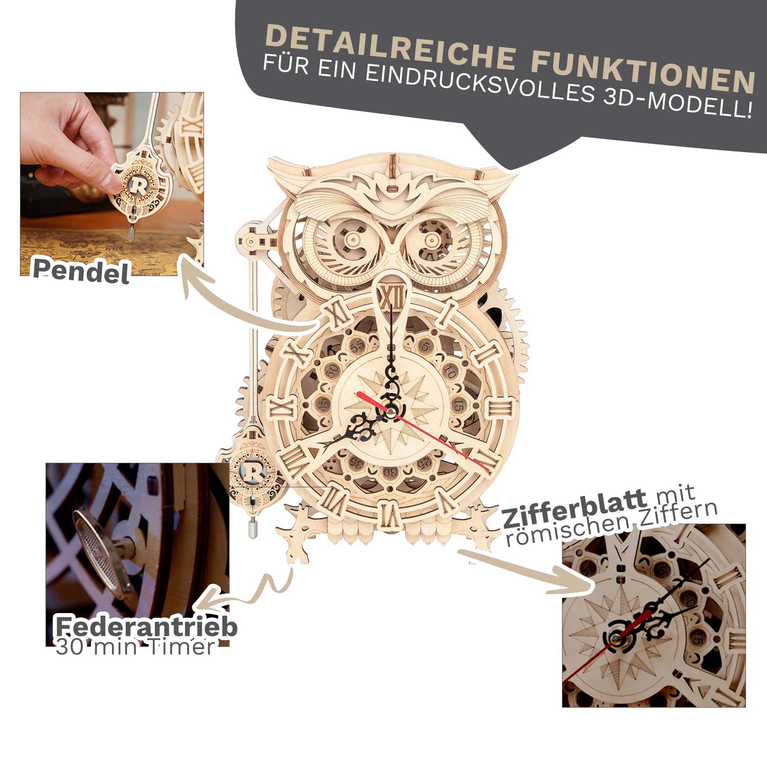 Eulenuhr - 3D Holzpuzzle Set